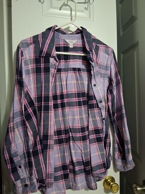 Time and Tru Pink and Navy Plaid Button-Down Shirt